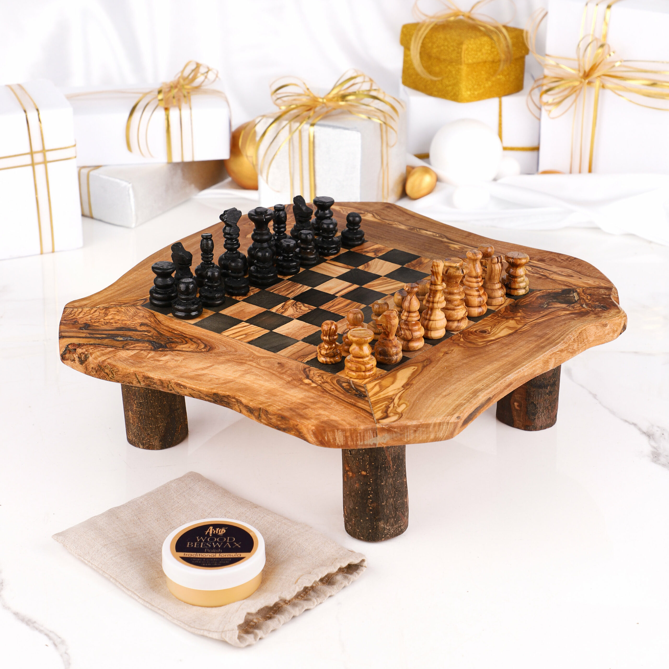 Wooden Chess Set with Rustic Rough Edges